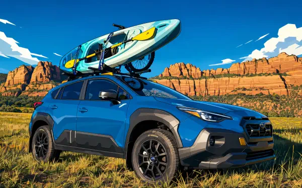 Blue Subaru with a roof-mounted kayak parked on grass before red sandstone cliffs under a vivid blue sky — 4K Ultra HD PC desktop wallpaper and background.