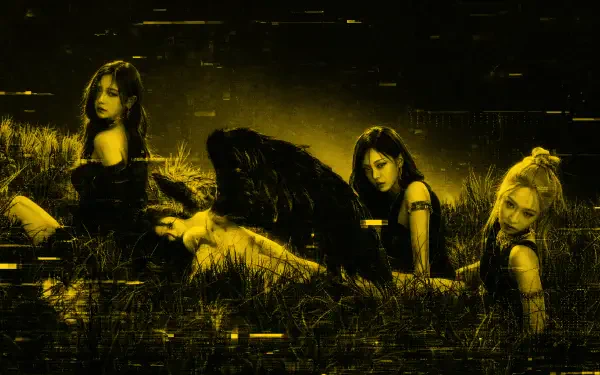 4K Ultra HD PC desktop wallpaper and background of four women in a glitchy yellow‑green field, moody cyberpunk lighting with grain and scanline distortion.