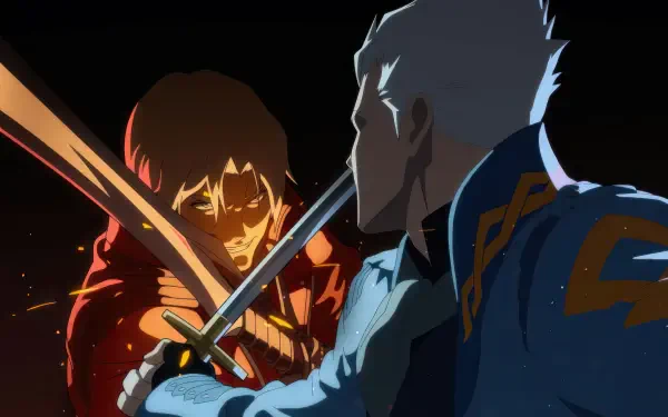 Devil May Cry (2025), Devil May Cry 4K Ultra HD PC desktop wallpaper: two rivals clash swords in a dramatic anime-style close-up with red and blue lighting.