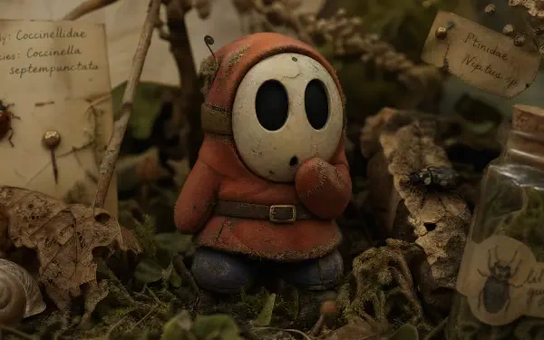 Shy Guy figurine tucked in moss and leaves, hand to face beside handwritten notes and glass vials; warm, cinematic tones — 4K Ultra HD PC desktop wallpaper/background