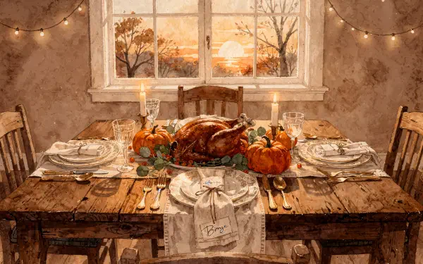 4K Ultra HD PC desktop wallpaper — aesthetic Thanksgiving scene: rustic wooden table set with roast turkey, pumpkins, candles and place settings beneath string lights and a sunset window.