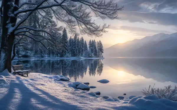 Winter serenity: 4K Ultra HD PC desktop wallpaper and background showing a snow-covered lakeshore with a bench, frosted trees and mountains reflected in calm water at sunrise.