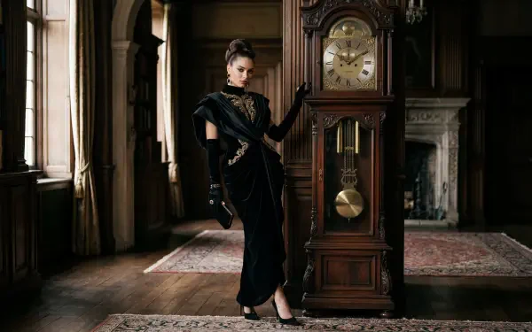 Elegant woman in a black gown leans against an ornate grandfather clock in a dim vintage parlor; 5K Ultra HD PC desktop wallpaper.