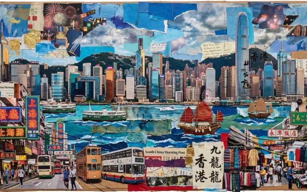 Colorful Hong Kong collage: skyline and Victoria Harbour with red-sailed junks, double-decker trams, neon signs and bustling streets — 5K Ultra HD PC Desktop Wallpaper and Background.