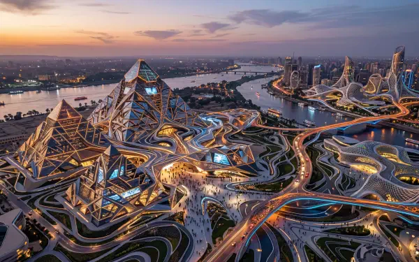 5K Ultra HD PC desktop wallpaper: futuristic Egyptian cityscape at dusk with glowing pyramid structures, winding illuminated highways and the Nile in the background.