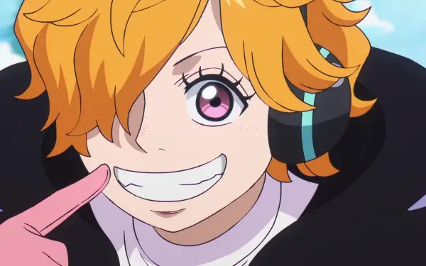 HD PC wallpaper of Lilith (One Piece): close-up anime portrait—orange hair, pink eye, headset and pink-gloved finger pointing to a toothy grin against a bright sky backdrop.