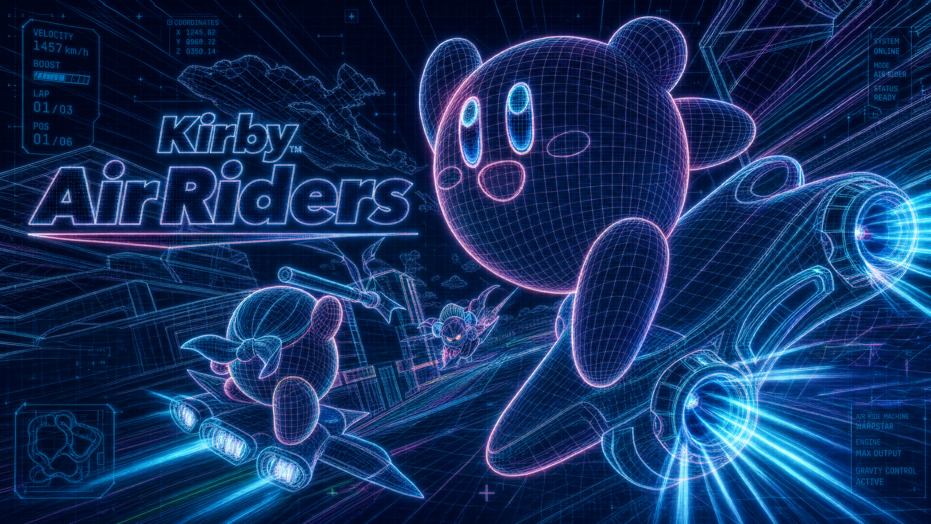 Neon wireframe Kirby Air Riders scene: Kirby and companions racing on airboards through a glowing futuristic track. 4K Ultra HD PC desktop wallpaper from the Kirby video game.