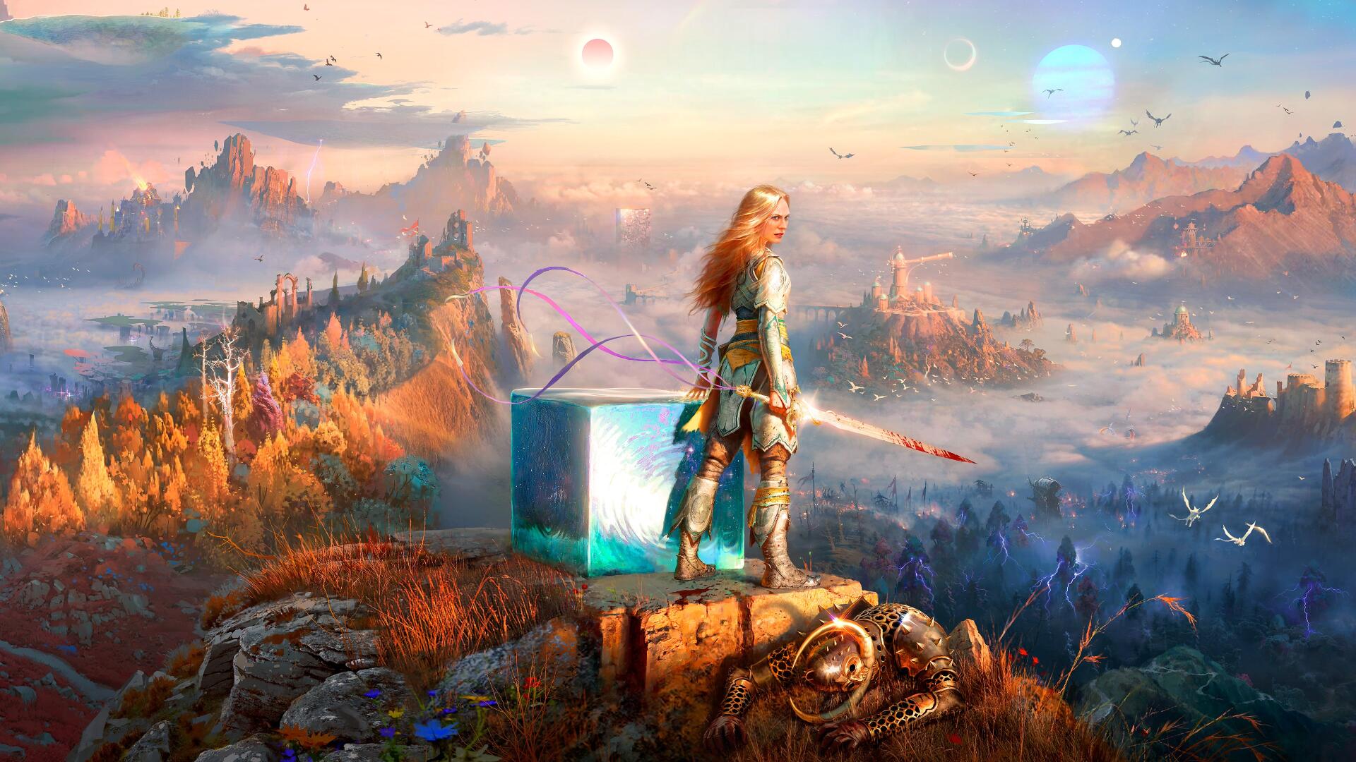 God of War: Laufey 4K Ultra HD PC desktop wallpaper — Laufey stands on a rocky cliff with spear, overlooking a vast sunlit, colorful fantasy landscape.