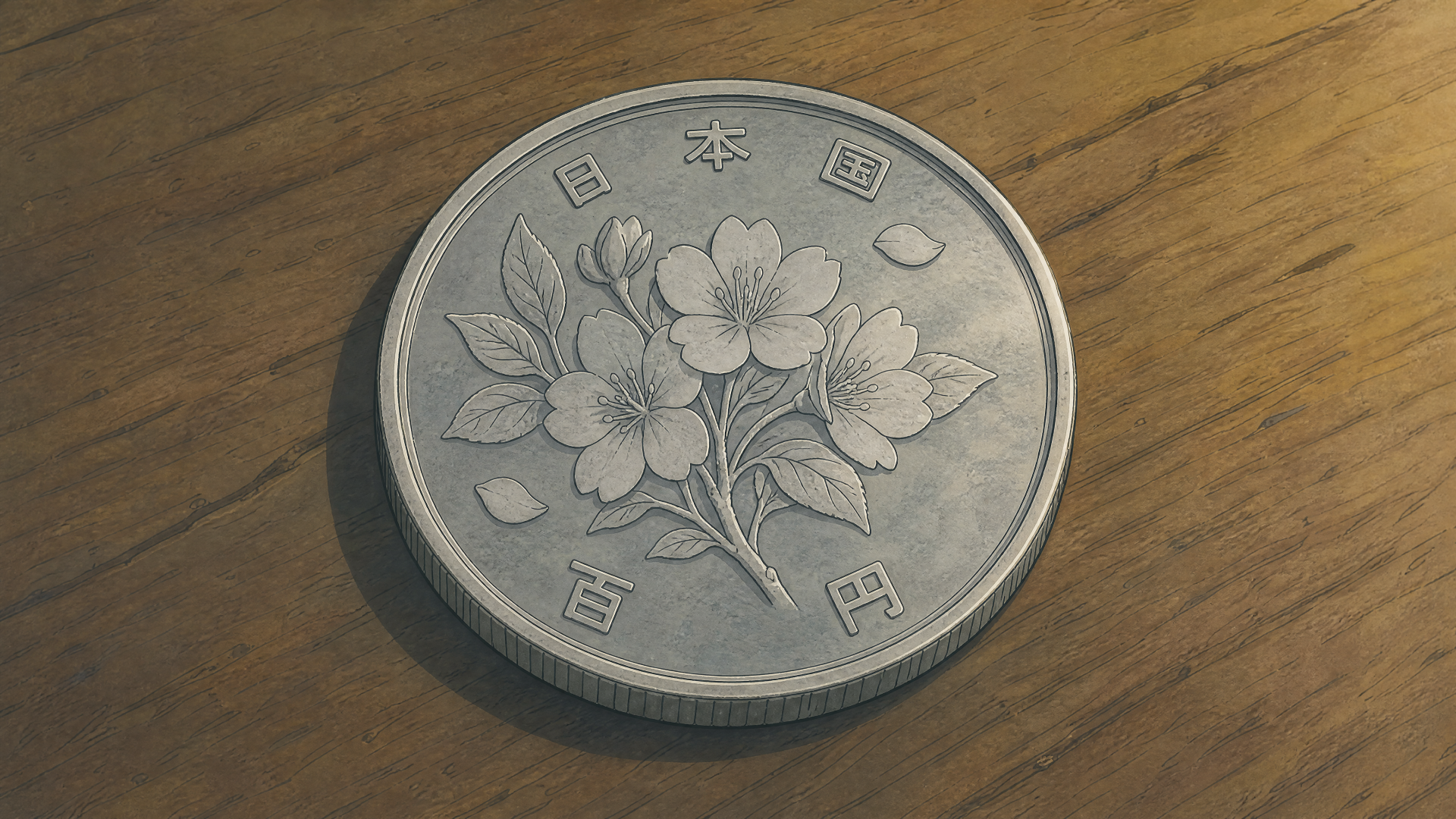 Close-up of a silver Japanese 100‑yen coin featuring a cherry blossom motif on warm wood grain, presented as a 4K Ultra HD PC desktop wallpaper and background.