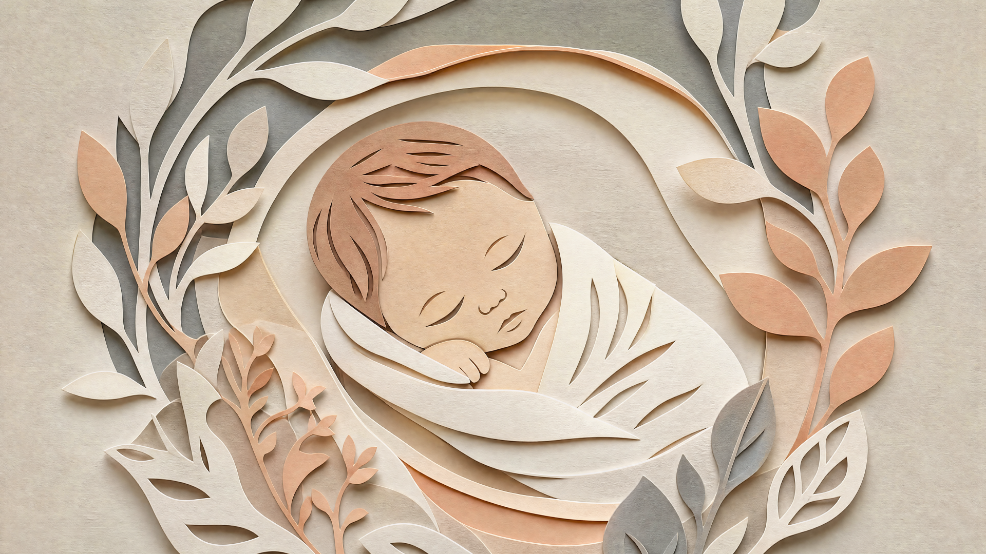 Paper-cut newborn sleeping in swaddle among soft leaves — 4K Ultra HD PC desktop wallpaper/background.