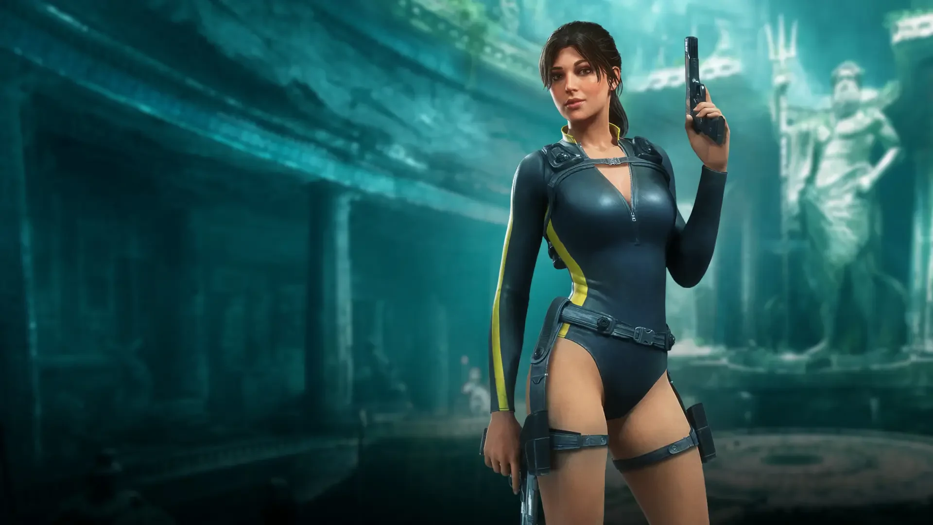 4K Ultra HD PC wallpaper: Lara Croft from the video game Tomb Raider: Legacy of Atlantis stands in Atlantis ruins, holding a pistol in a sleek wetsuit amid teal underwater lighting.