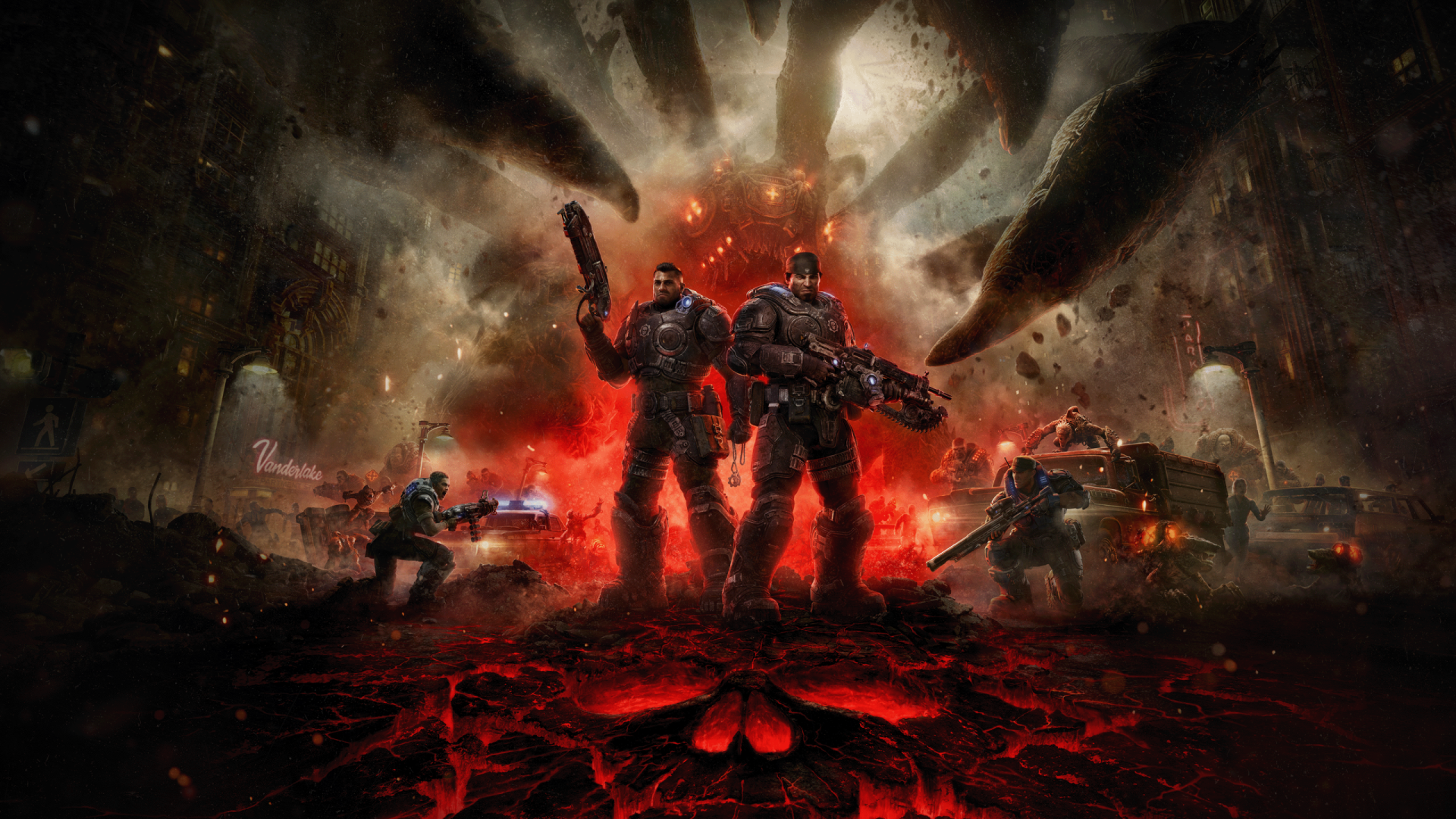 Gears of War: E-Day 2K Quad HD PC desktop wallpaper — two armored soldiers wield rifles, backlit by a fiery red crater as gunfire and shadowed enemies rise amid a ruined cityscape.