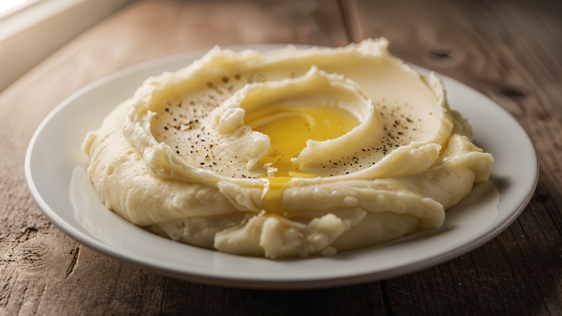4K Ultra HD PC desktop wallpaper: creamy mashed potatoes on a white plate with a butter-filled well and cracked pepper on a rustic wooden table.