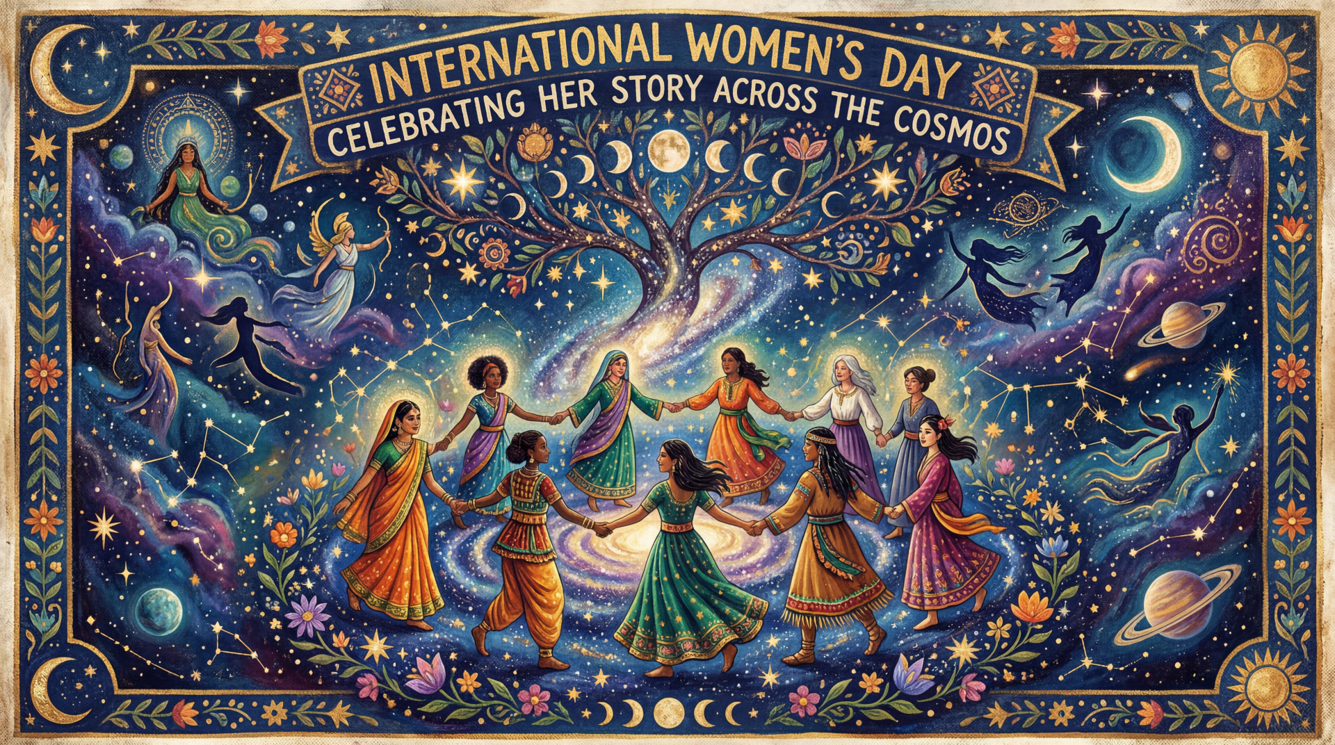 Colorful cosmic illustration of women in flowing dresses circling a luminous tree beneath a banner: 'International Women's Day — Celebrating Her Story Across the Cosmos'. 5K Ultra HD PC wallpaper.