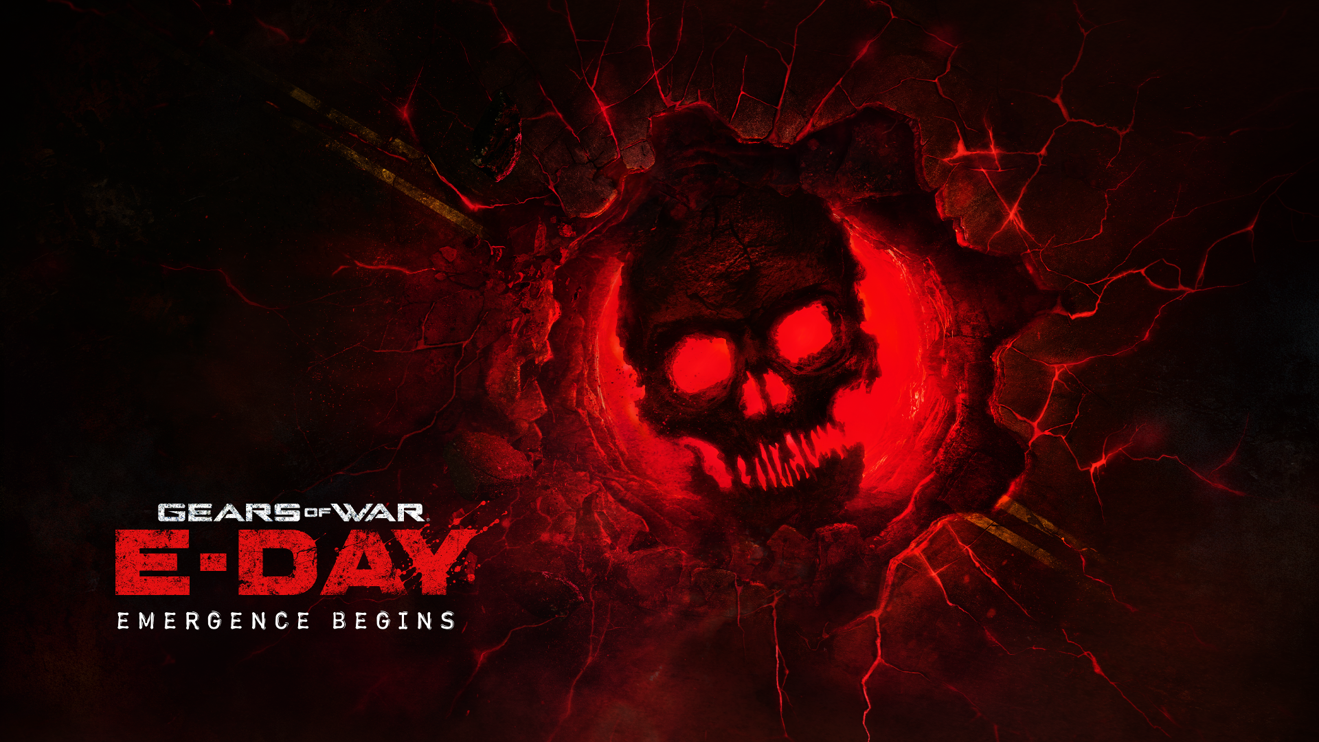 4K Ultra HD PC wallpaper — video game art for Gears of War: E‑Day showing a glowing red Locust skull emblem bursting through a cracked dark background with the Gears of War E‑DAY logo.