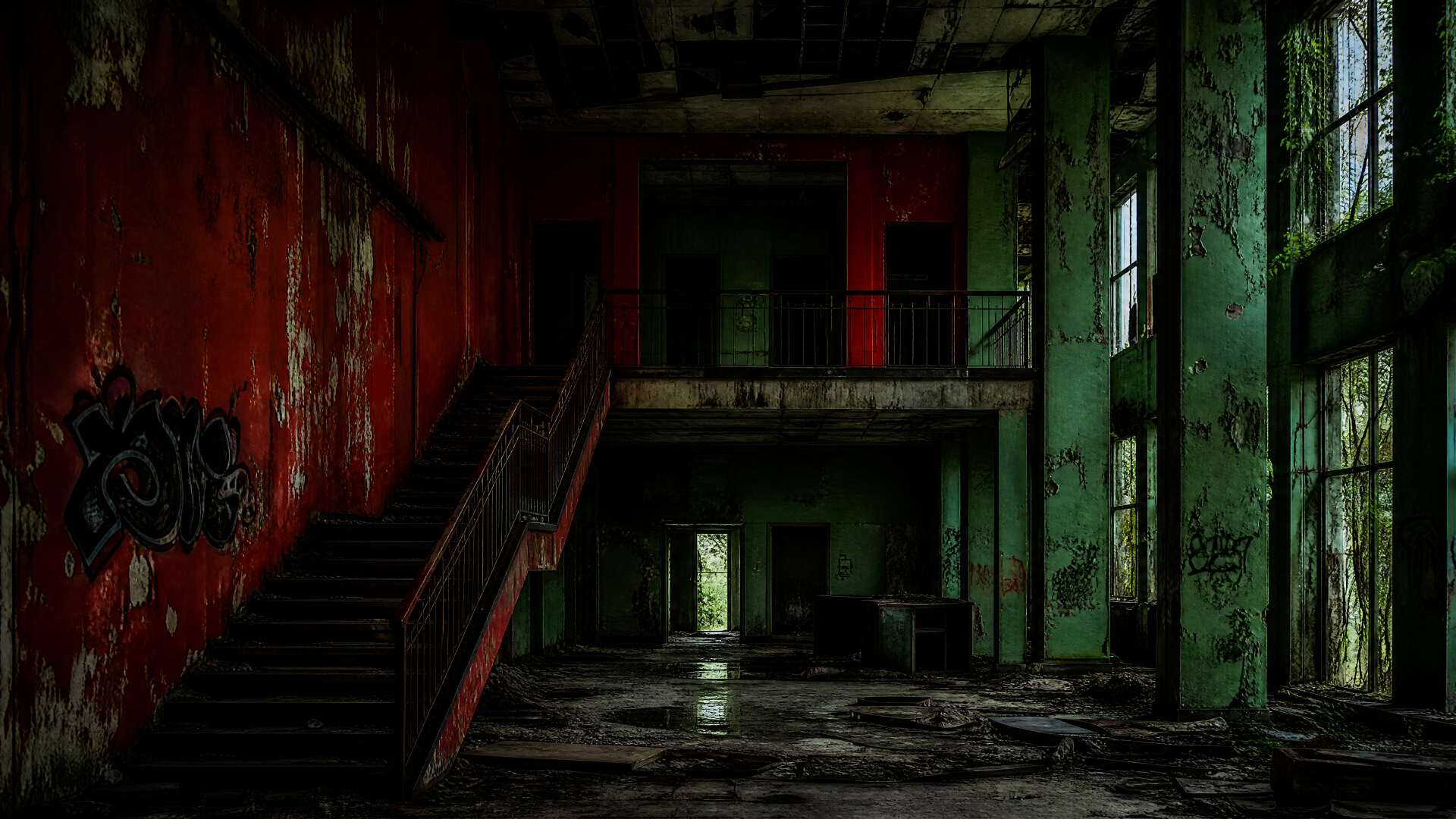 4K Ultra HD PC desktop wallpaper: dim, decaying abandoned building interior with crumbling stairs, peeling red and green walls, shattered floor and a pale doorway light.