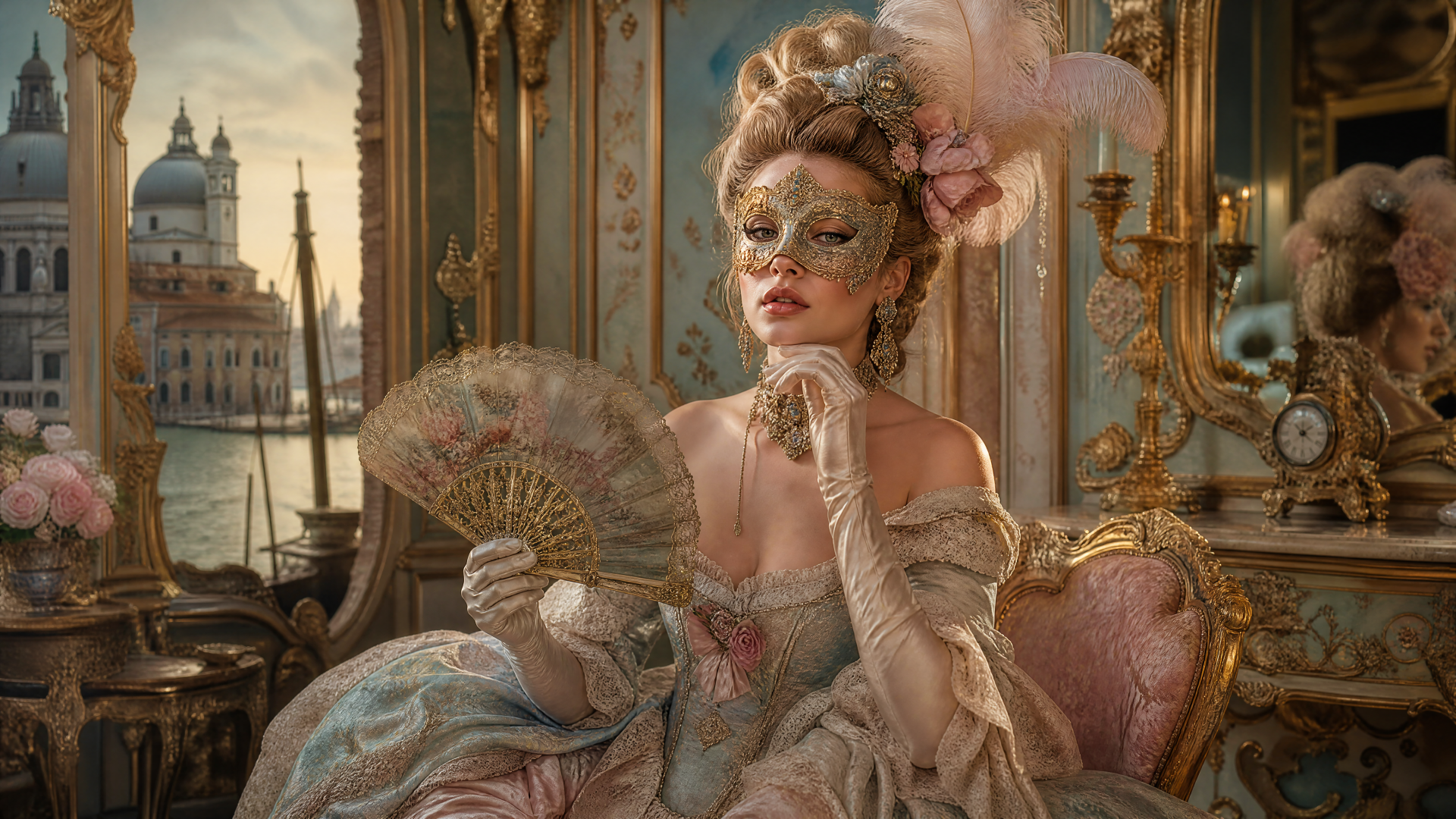 Glam 4K Ultra HD PC desktop wallpaper and background: masked aristocratic woman in ornate rococo gown and powdered hair, holding a fan in a gilded Venetian salon.