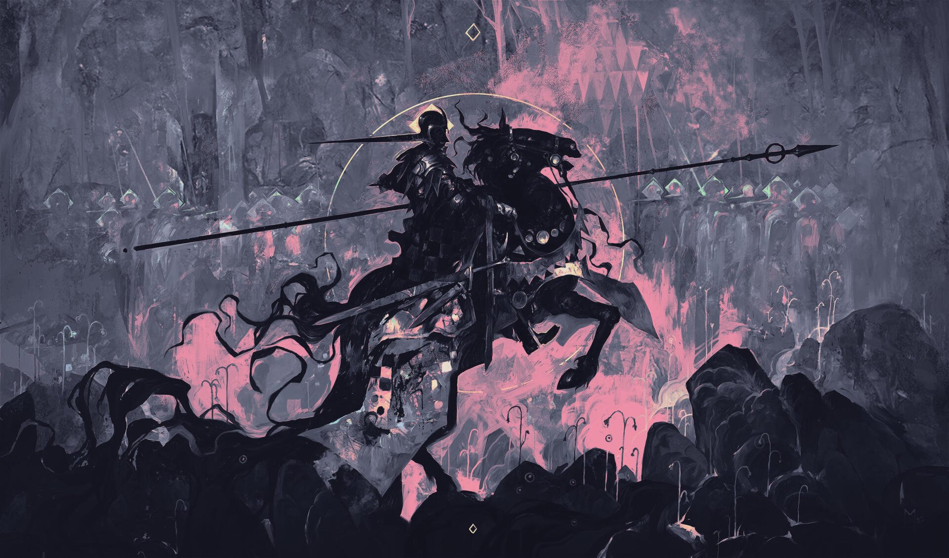 Digital art, digital painting, illustration, artwork, landscape — silhouetted armored rider on horseback thrusts a lance across rocky terrain bathed in pink light. 2K Quad HD PC desktop wallpaper/background.