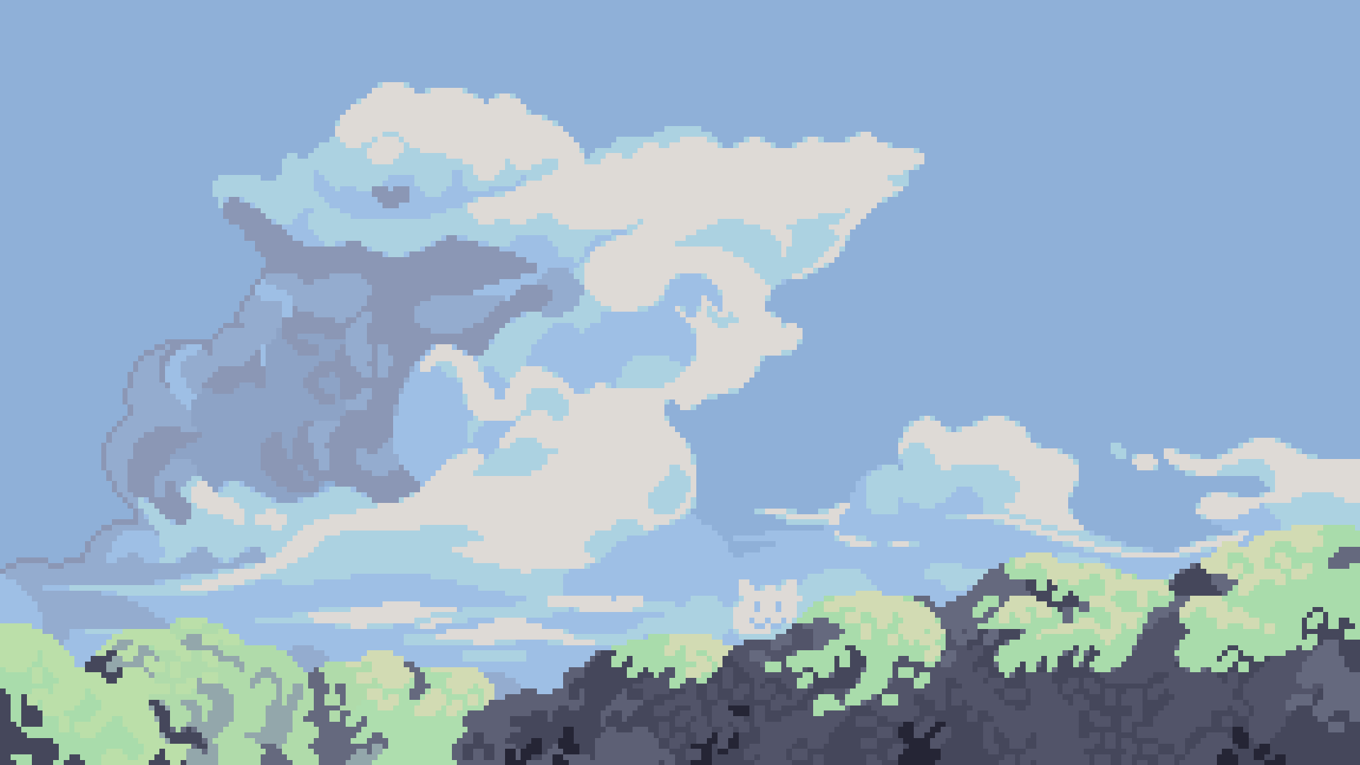 4K Ultra HD digital painting landscape illustration artwork: stylized clouds drift over rolling green hills and scattered trees — a vivid PC desktop wallpaper background.