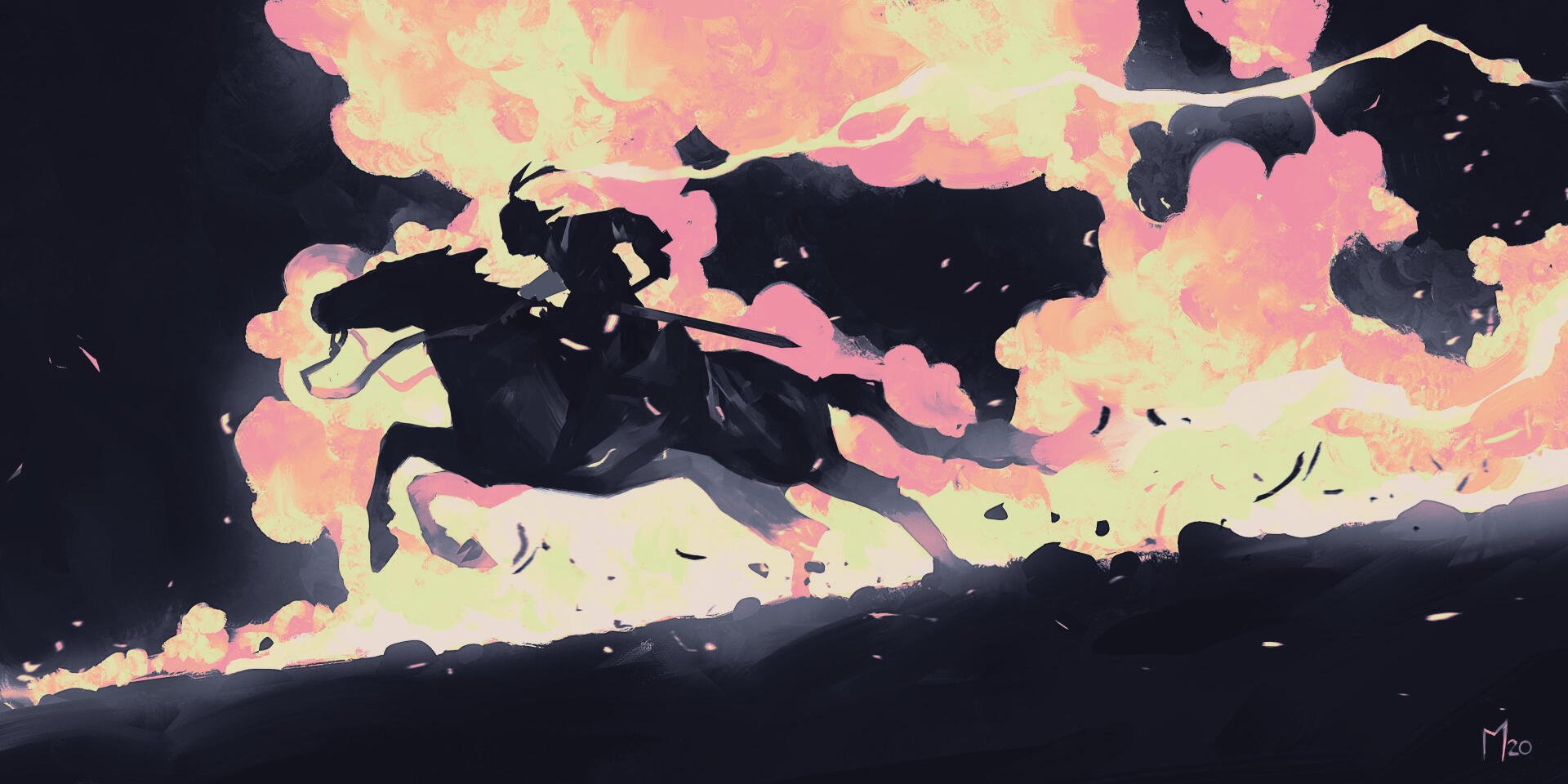 Digital Art, digital painting, illustration artwork: silhouetted rider on a galloping horse across a glowing landscape with billowing pink clouds — 2K Quad HD PC desktop wallpaper/background.