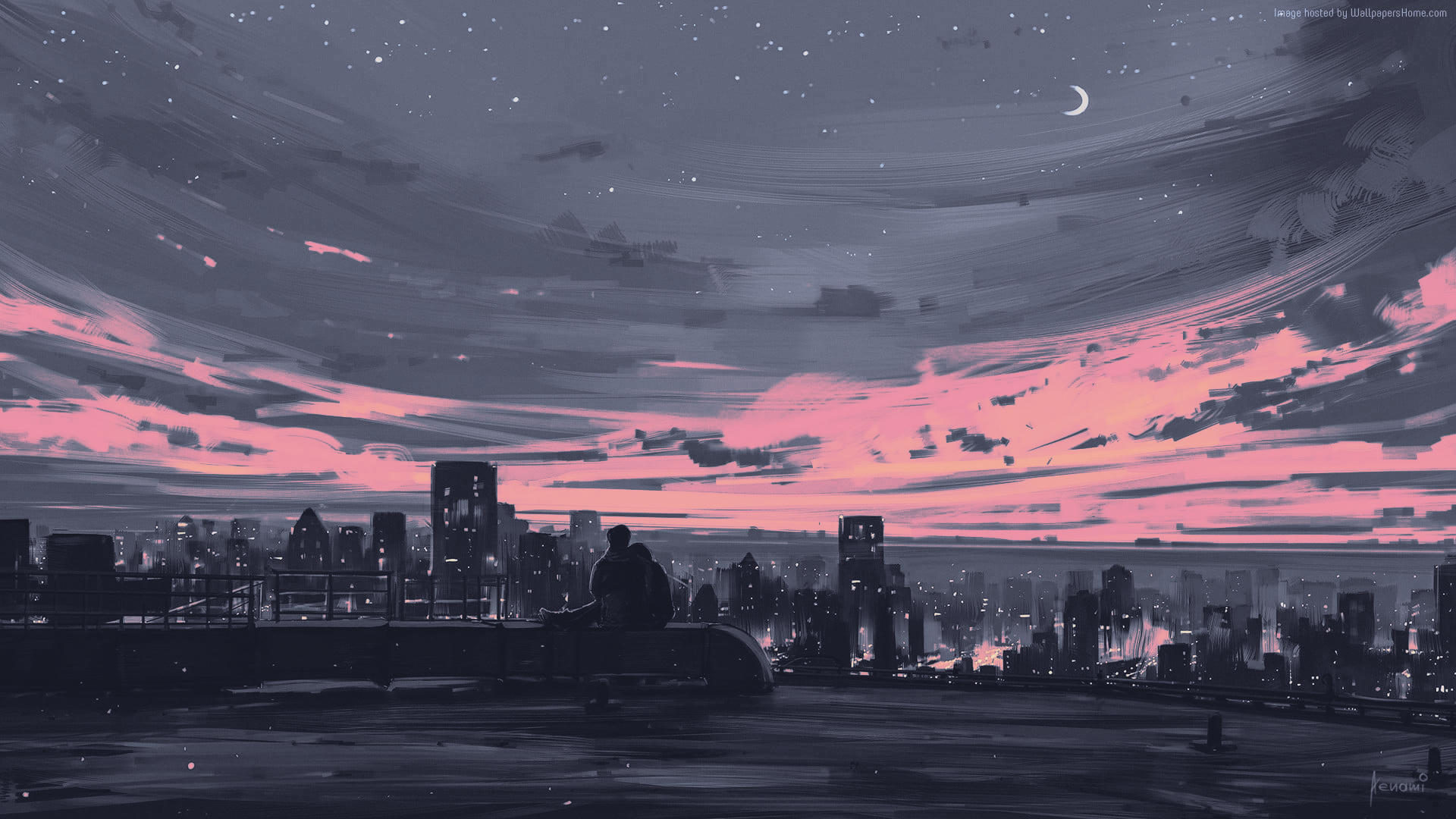 HD PC desktop wallpaper and background — digital painting illustration: moody urban landscape artwork with a rooftop silhouette gazing at a pink-and-gray dusk skyline and crescent moon.