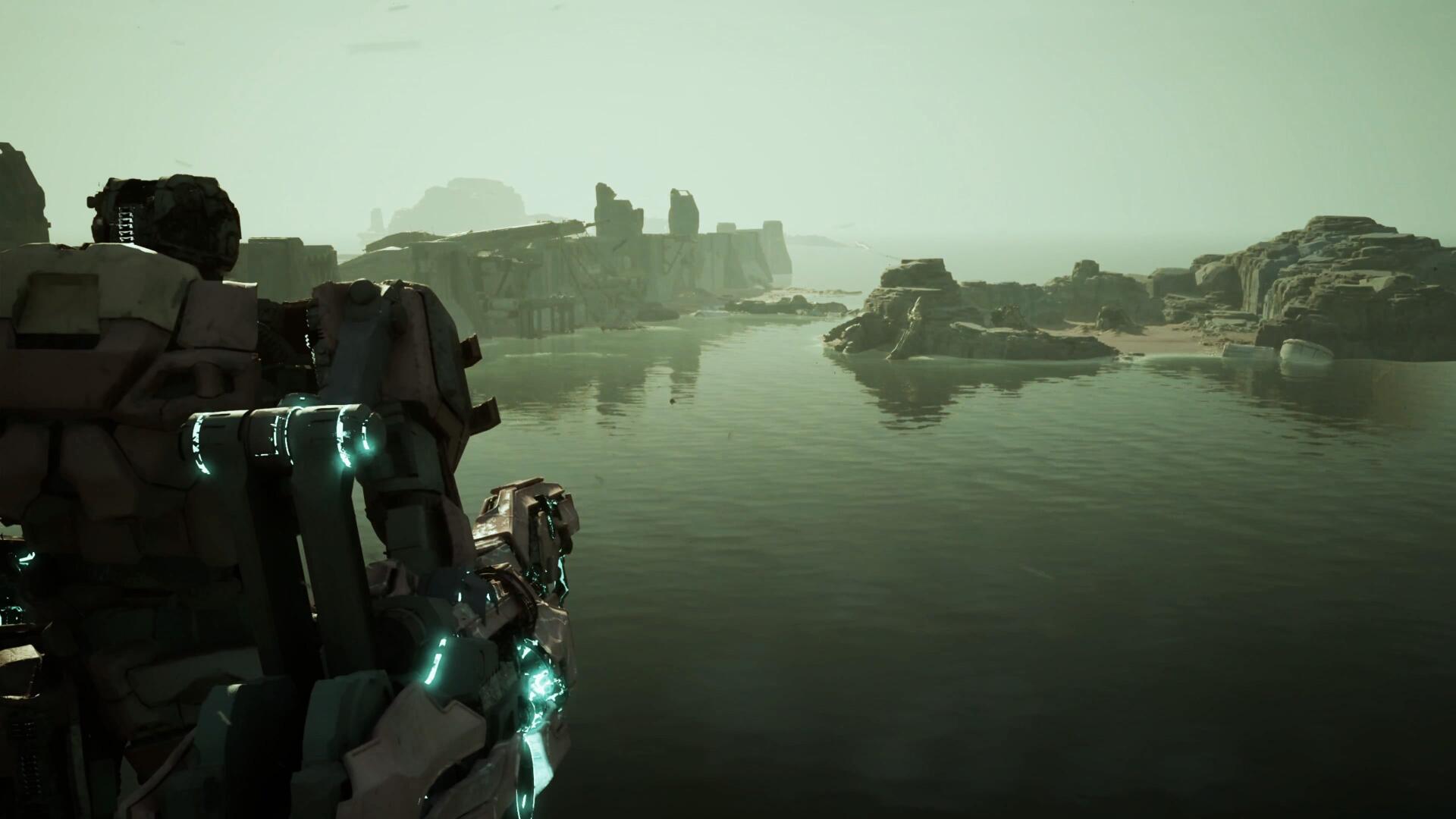 Armored figure surveys a green‑tinted alien shoreline across calm reflective water with distant structures — video game gen ATLAS, 4K Ultra HD PC desktop wallpaper.