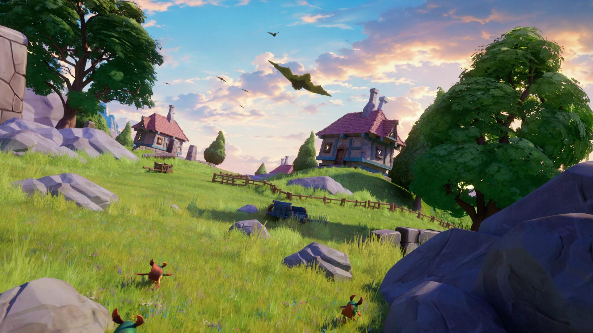 4K Ultra HD PC desktop wallpaper and background from the video game Spyro: A Realm Beyond — sunlit rolling fields, cottages and trees with a dragon soaring over a peaceful fantasy village.