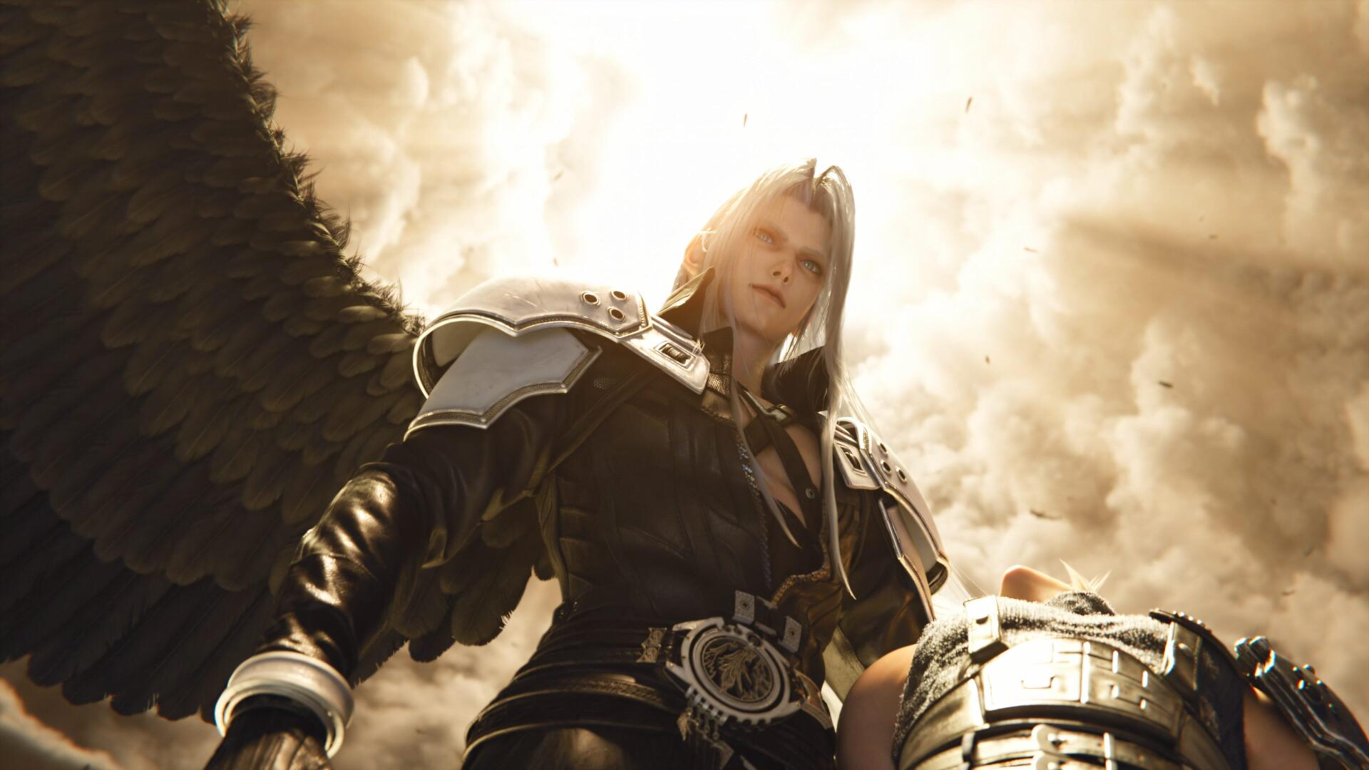 4K Ultra HD PC wallpaper for Final Fantasy VII Revelation: armored silver‑haired angelic warrior with black wings against a stormy golden sky — video game background.