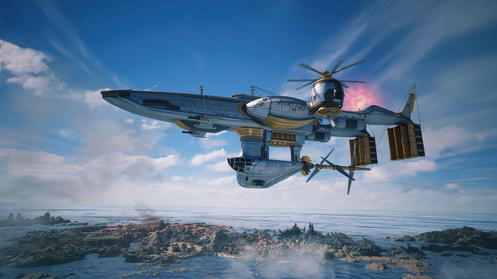 4K Ultra HD PC desktop wallpaper of a Final Fantasy VII Revelation airship soaring above rocky coastlines under a bright blue sky, video game background.