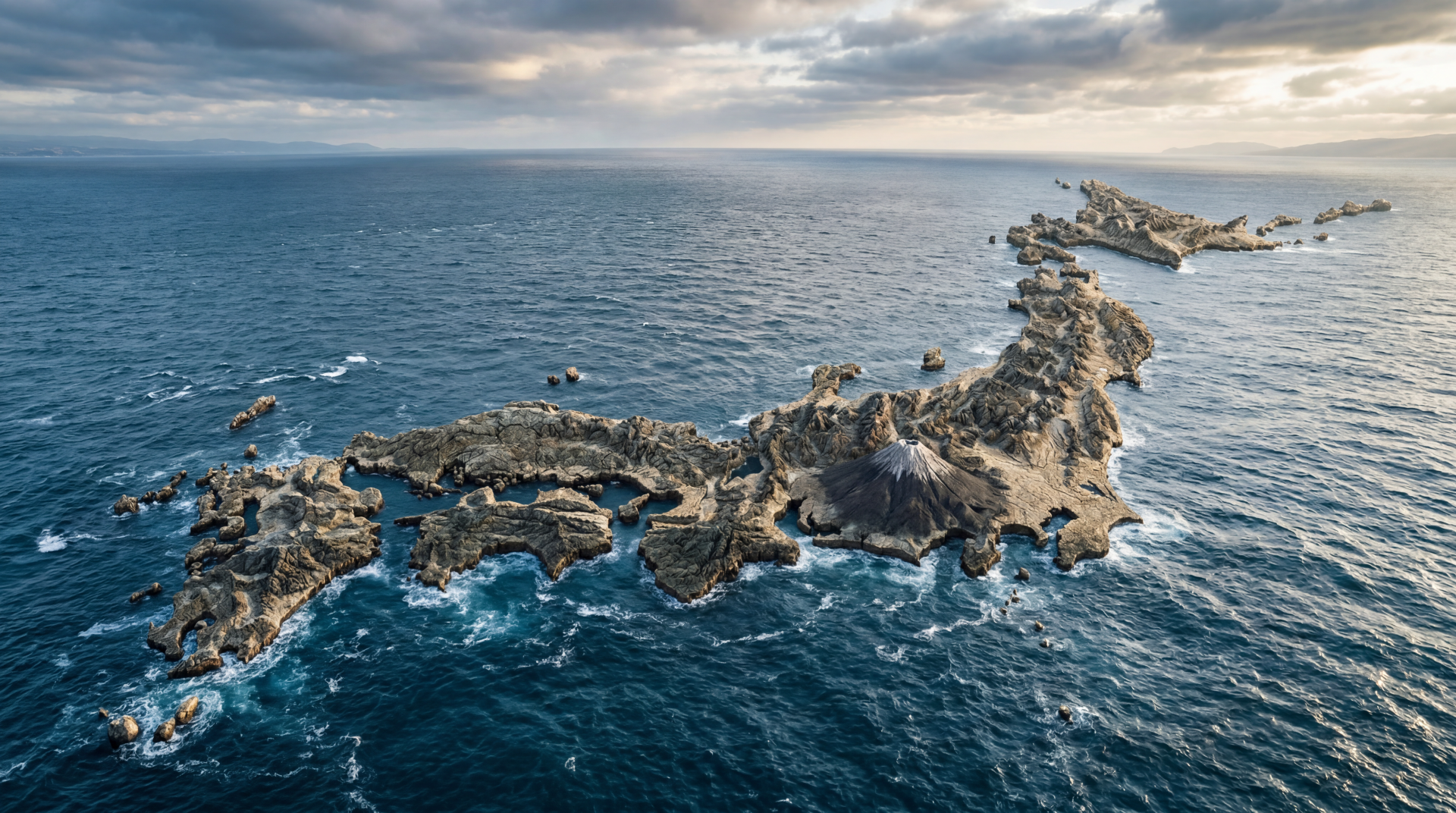 Aerial view of Japan’s jagged rocky coastline and scattered islets in a churning blue sea beneath a dramatic cloudy sky — 5K Ultra HD PC desktop wallpaper and background.