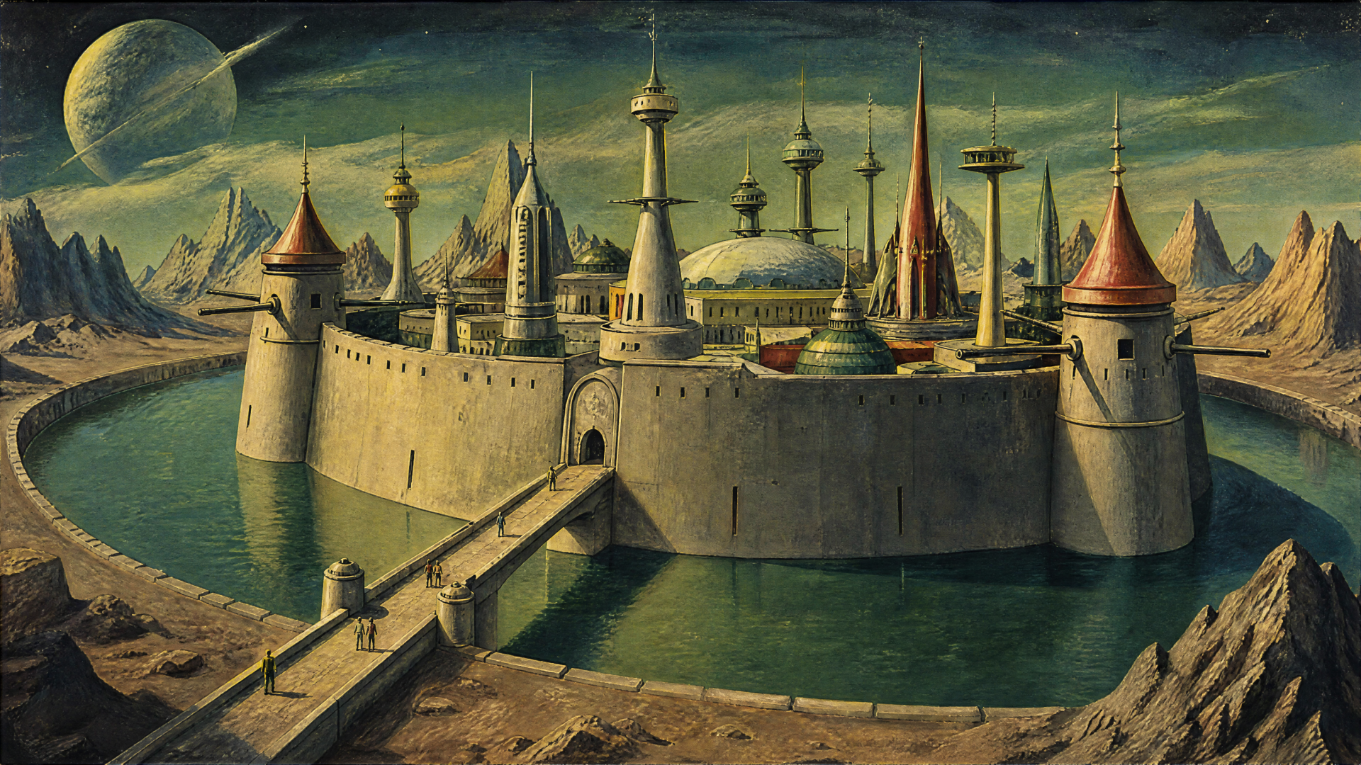 4K Ultra HD PC desktop wallpaper: a walled fortress surrounded by a moat, soaring spires and domes beneath a distant planet, connected by a stone bridge.