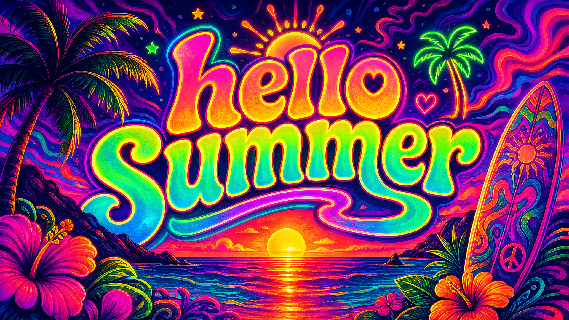 Neon hello summer lettering over a vivid tropical sunset with palm trees, hibiscus, a surfboard and sparkling ocean — 4K Ultra HD PC desktop wallpaper and background.
