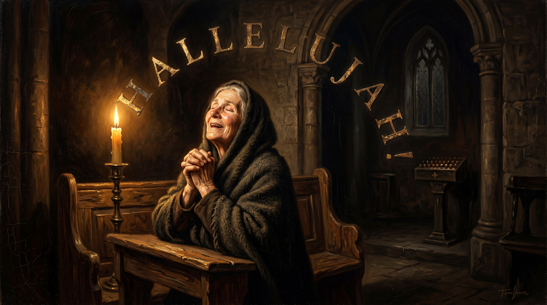 Elderly woman praying by candle in a dim stone church, the word HALLELUJAH arched above — 5K Ultra HD PC desktop wallpaper/background.