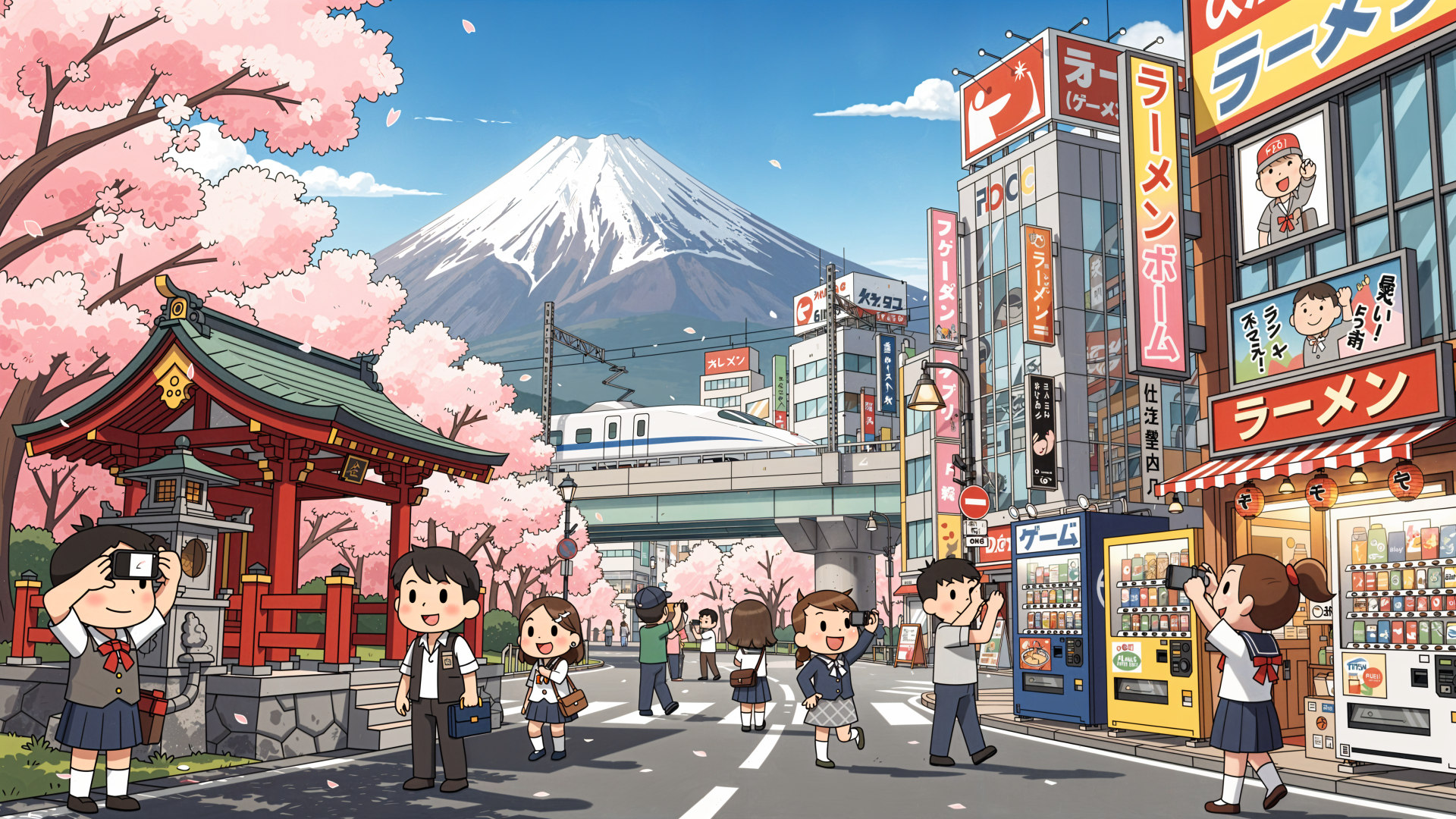 4K Ultra HD PC desktop wallpaper and background of Japan: stylized street with cherry blossoms, Mount Fuji, a Shinkansen, a shrine, ramen signs, vending machines and chibi characters.