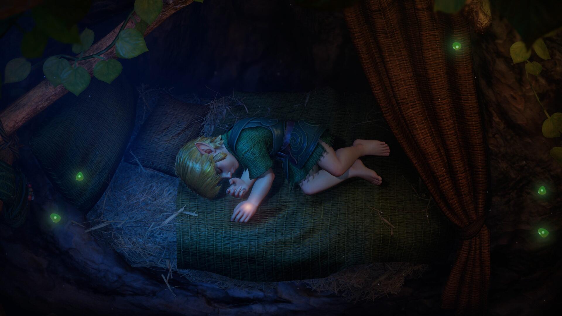 4K Ultra HD desktop wallpaper of young Link sleeping curled on a forest bed, glowing fairies above — The Legend of Zelda: Ocarina of Time (2026) video game