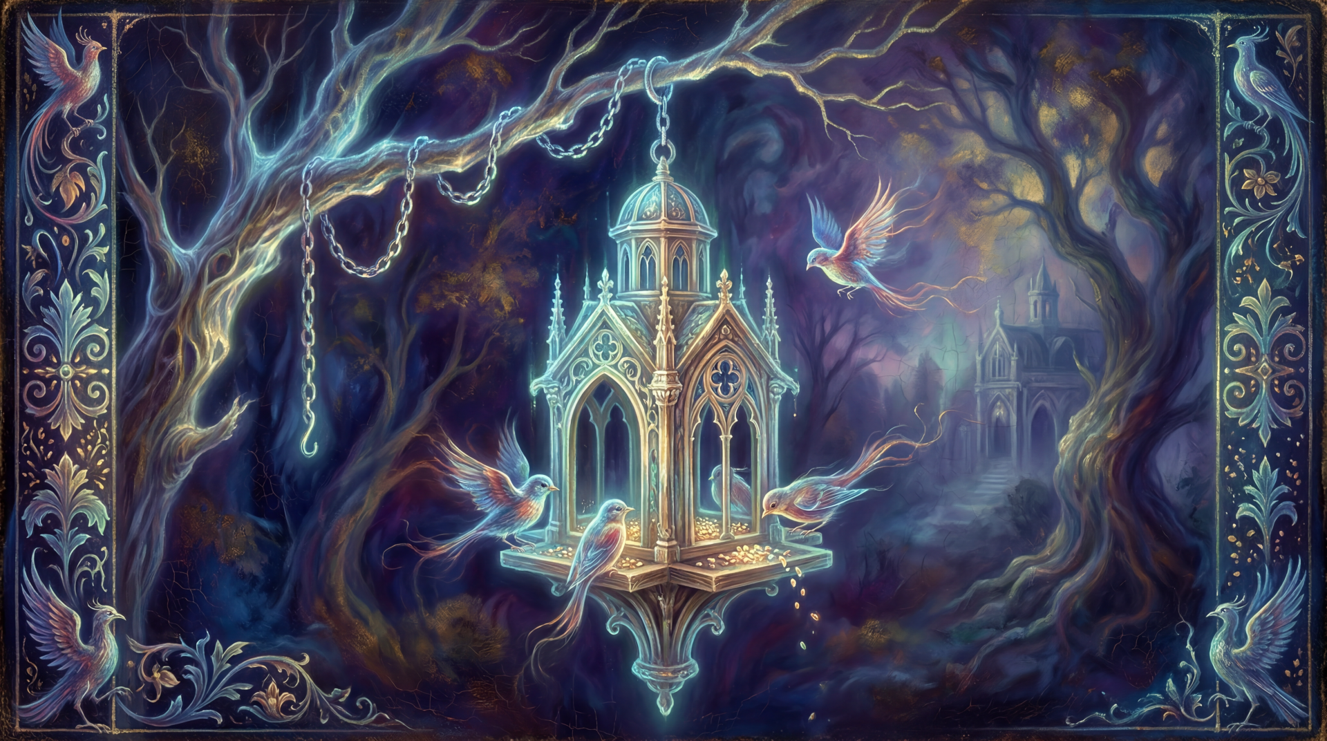 Ornate glowing bird feeder lantern suspended in a mystical moonlit forest as doves flutter around, intricate fantasy scene, 5K Ultra HD PC Desktop Wallpaper and Background.