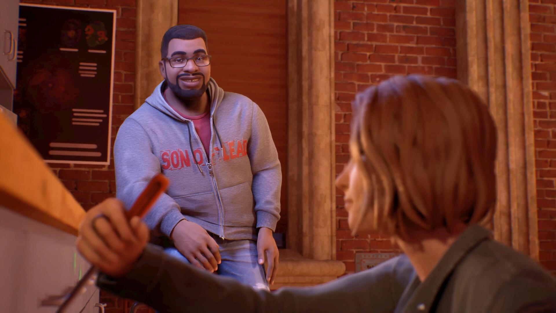 4K Ultra HD PC wallpaper from the video game Life Is Strange: Reunion (Life Is Strange). A smiling bearded man in a hoodie and a short-haired woman interact in a brick-walled interior.