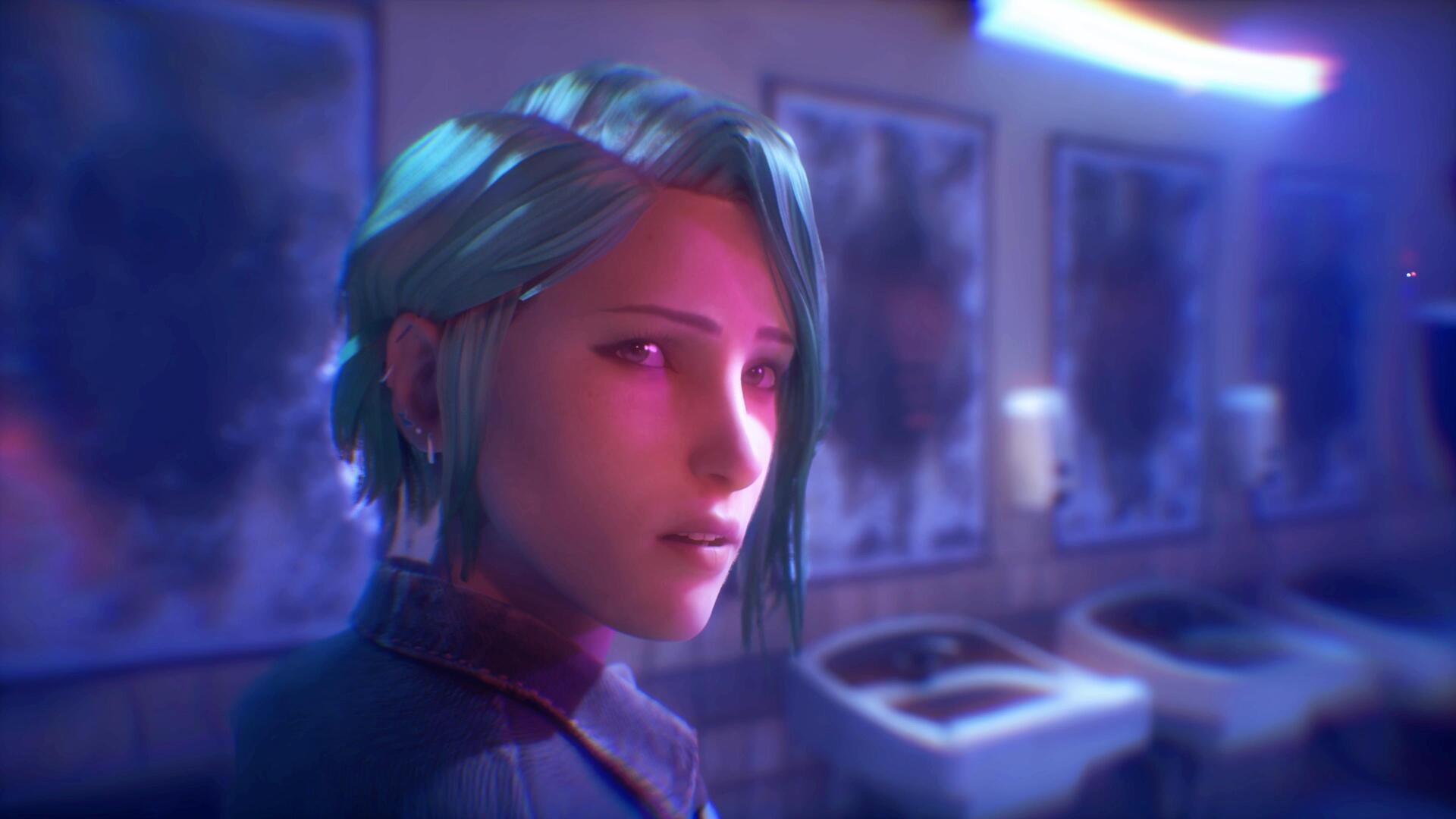 Close-up of teal-haired character from the video game Life Is Strange: Reunion, moody neon-lit arcade interior; 4K Ultra HD PC desktop wallpaper background.