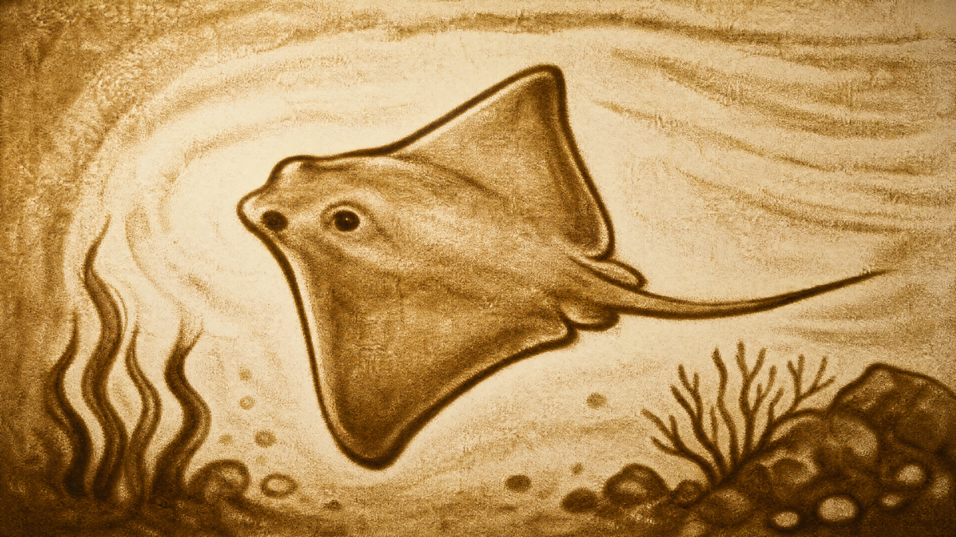 Sand-art style stingray gliding over a seabed of pebbles and seagrass — 4K Ultra HD PC desktop wallpaper and background.