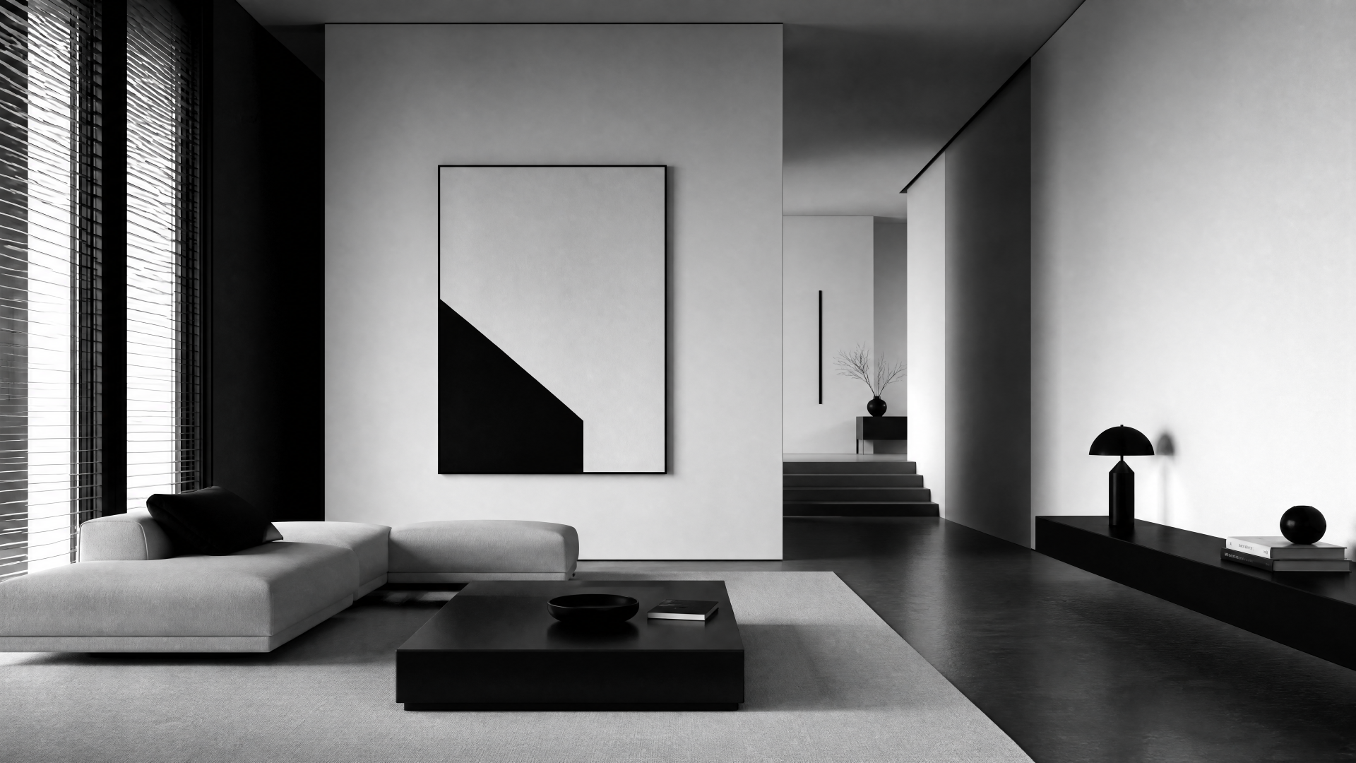 Monochrome minimalist home interior with low sofa, geometric wall art and open hallway — 4K Ultra HD PC desktop wallpaper and background