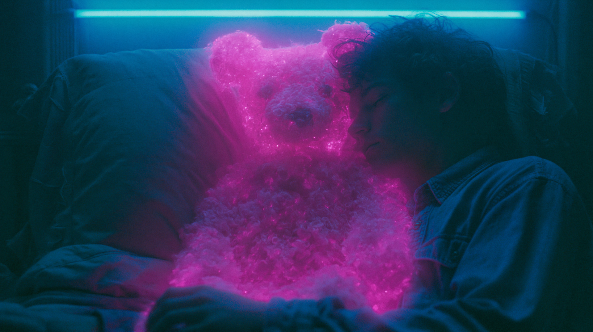 Aesthetic 2K Quad HD PC desktop wallpaper: neon-pink glowing teddy bear beside a sleeping person in a moody blue-lit room.