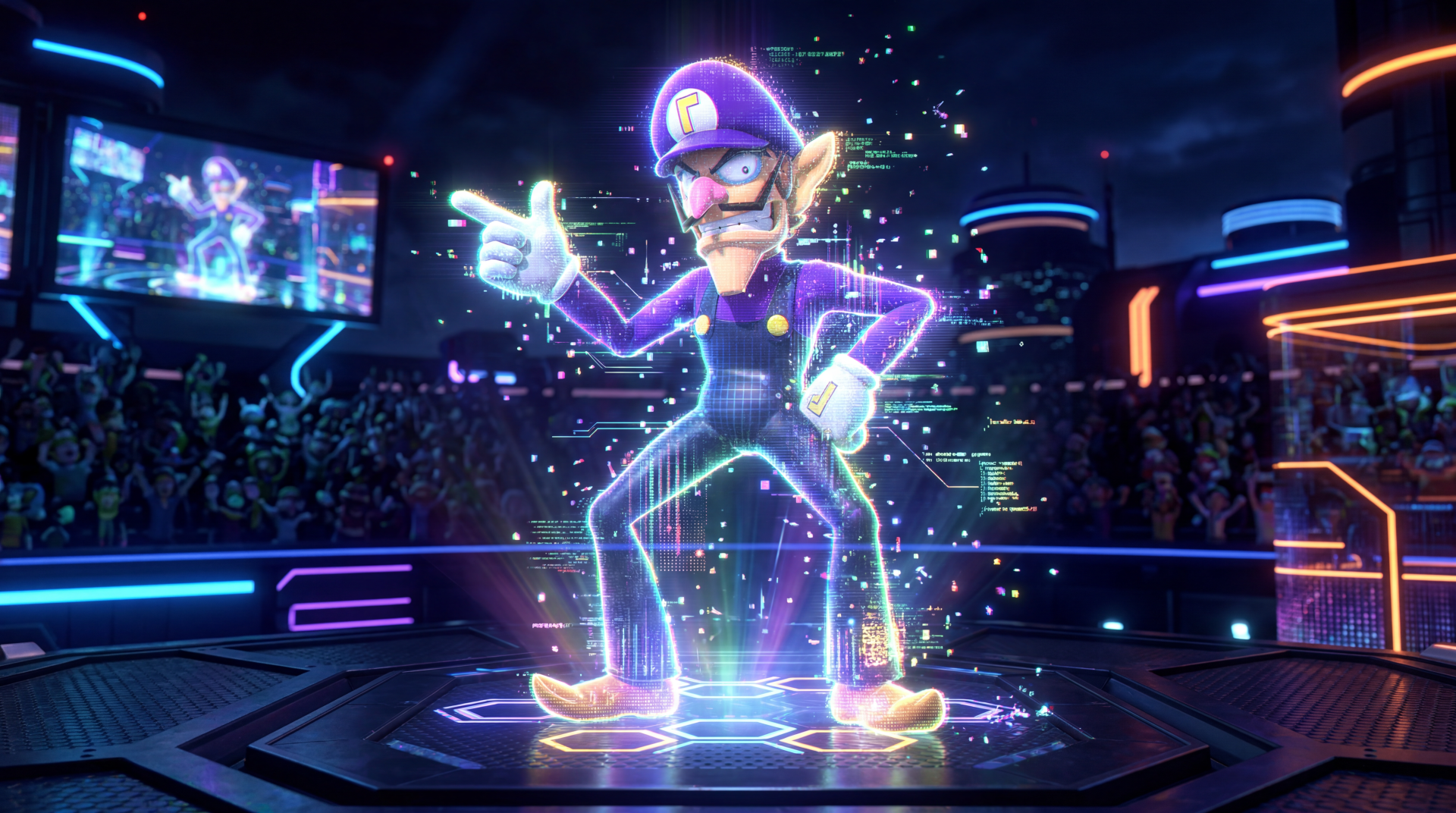 Waluigi holographic pose amid neon stadium lights, sparkles and vibrant colors — 5K Ultra HD PC desktop wallpaper and background.