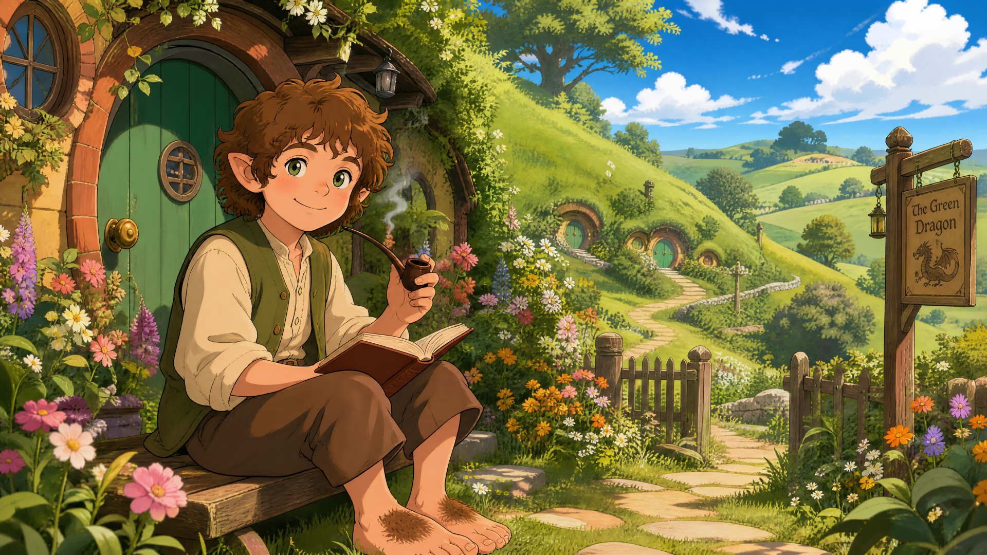 Hobbit on a round-doored cottage step, reading and smoking a pipe amid a sunlit, flower-filled Shire landscape — 4K Ultra HD PC desktop wallpaper/background.
