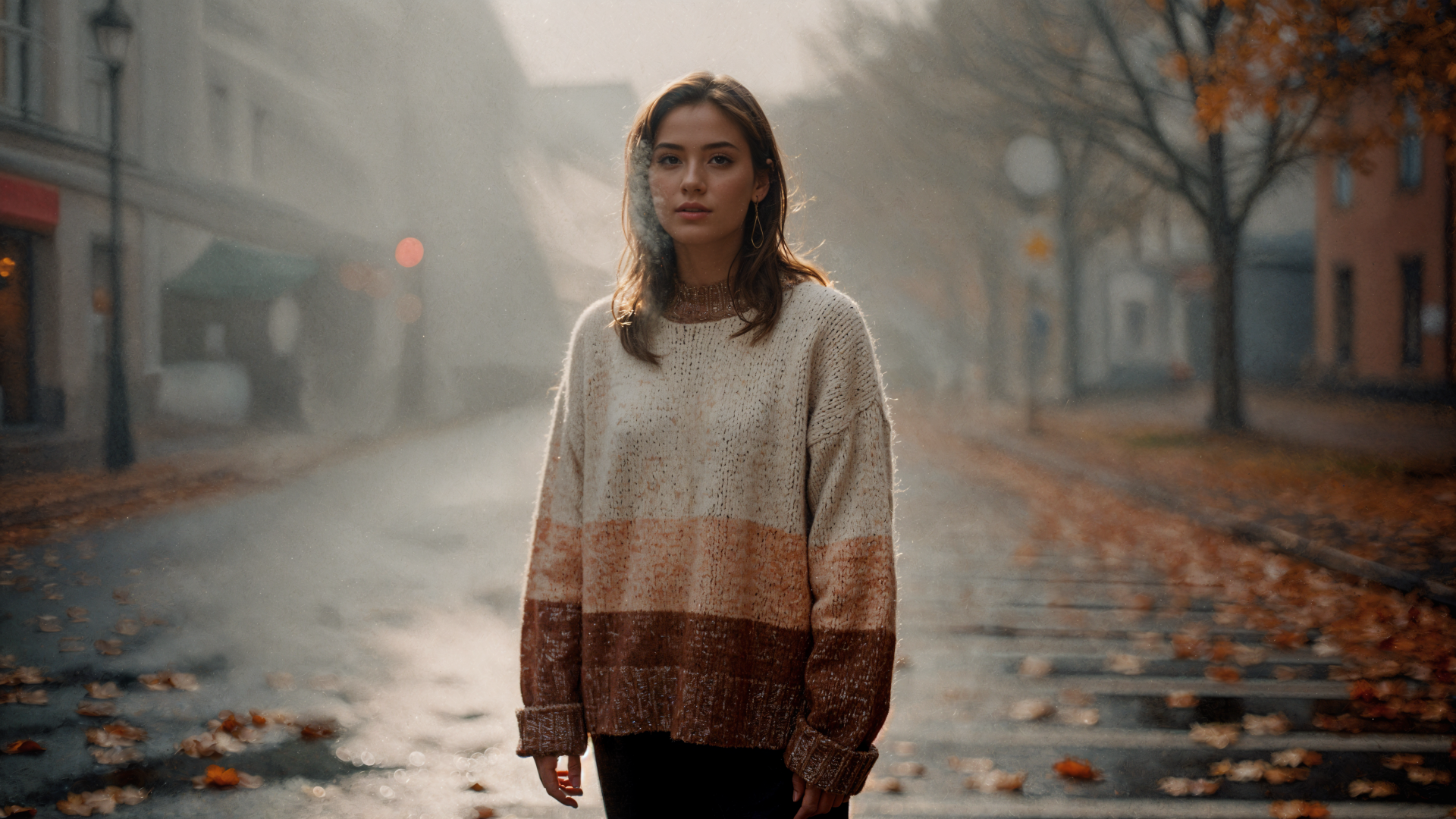 Sweater weather — lone figure in an oversized striped knit on a misty, leaf-strewn street; 4K Ultra HD PC desktop wallpaper and background.