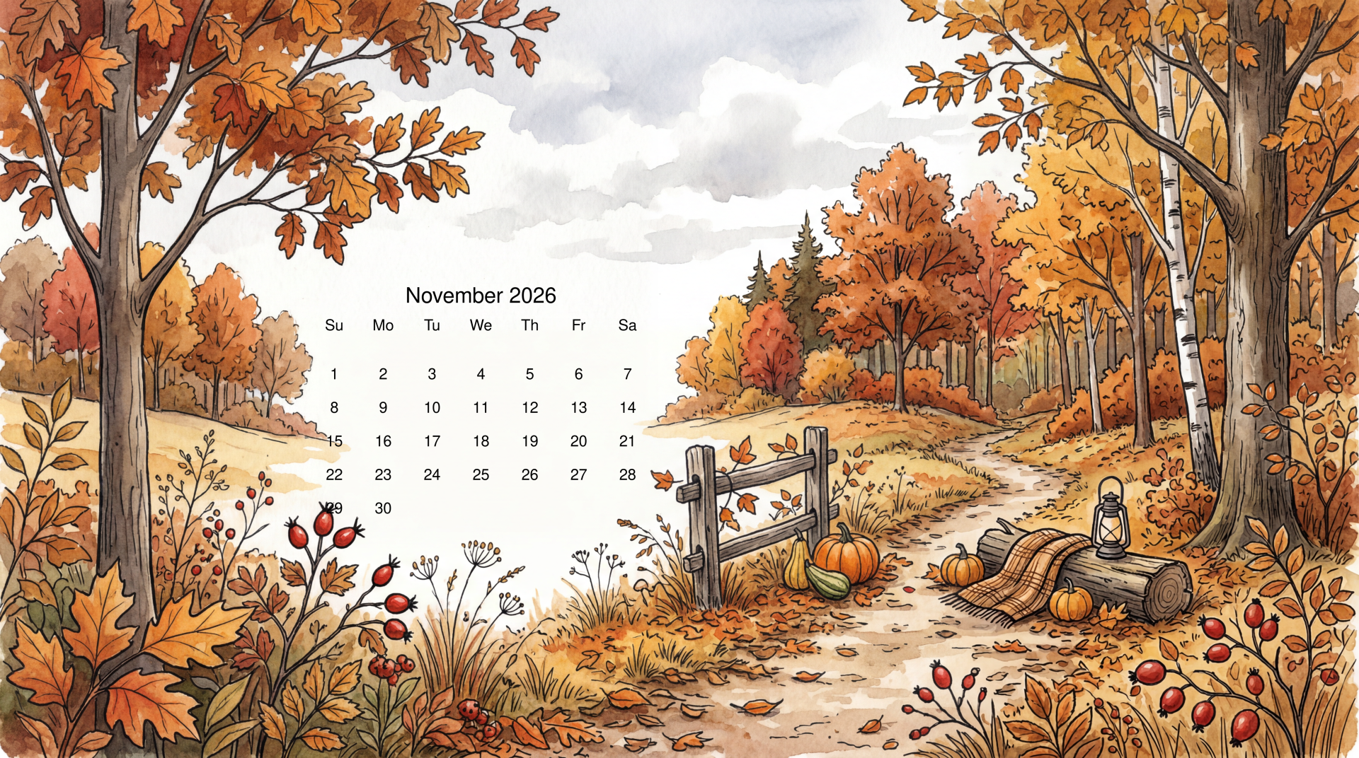 November 2026 calendar on 5K Ultra HD PC desktop wallpaper and background depicting an autumn woodland path with pumpkins, a fence, and golden trees.