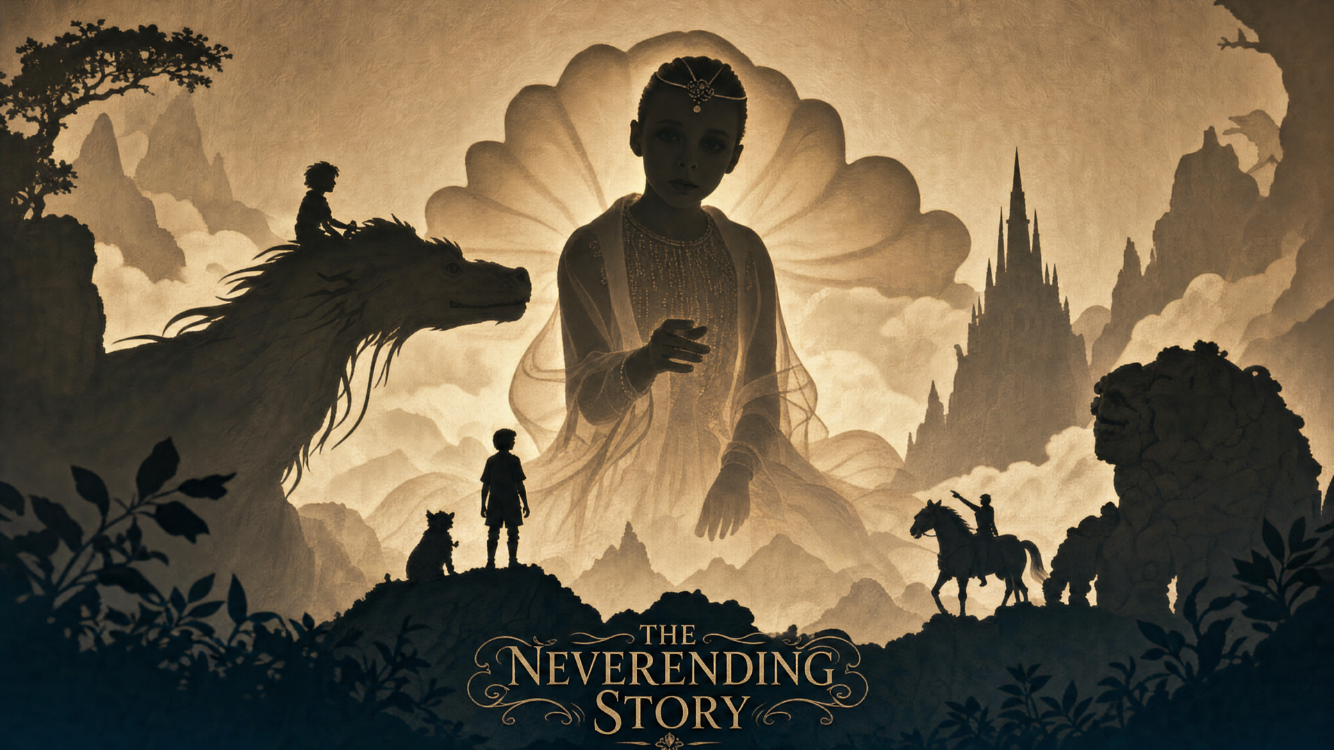 4K Ultra HD PC desktop wallpaper of The Neverending Story: silhouetted heroes and creatures on a ridge facing a colossal radiant statue framed by clouds and spires in a sepia fantasy landscape.