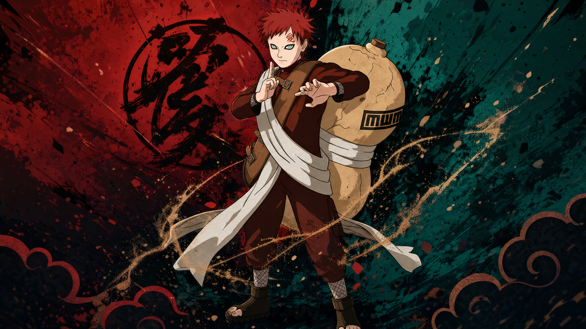 Gaara (Naruto) in a dynamic sand stance against a red and teal splattered backdrop — 4K Ultra HD PC desktop wallpaper and background.
