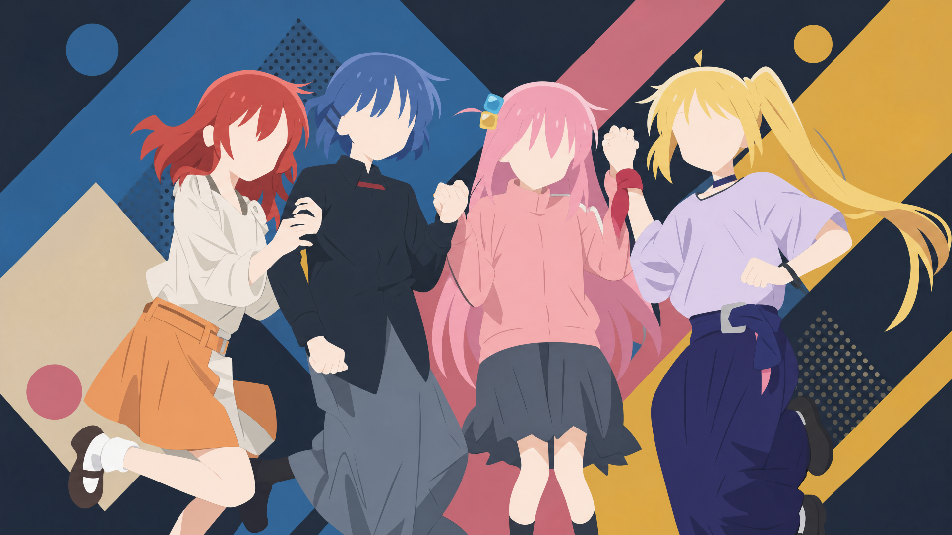Bocchi the Rock! 4K Ultra HD PC desktop wallpaper: four band girls in colorful outfits posing and singing against a bold geometric background.