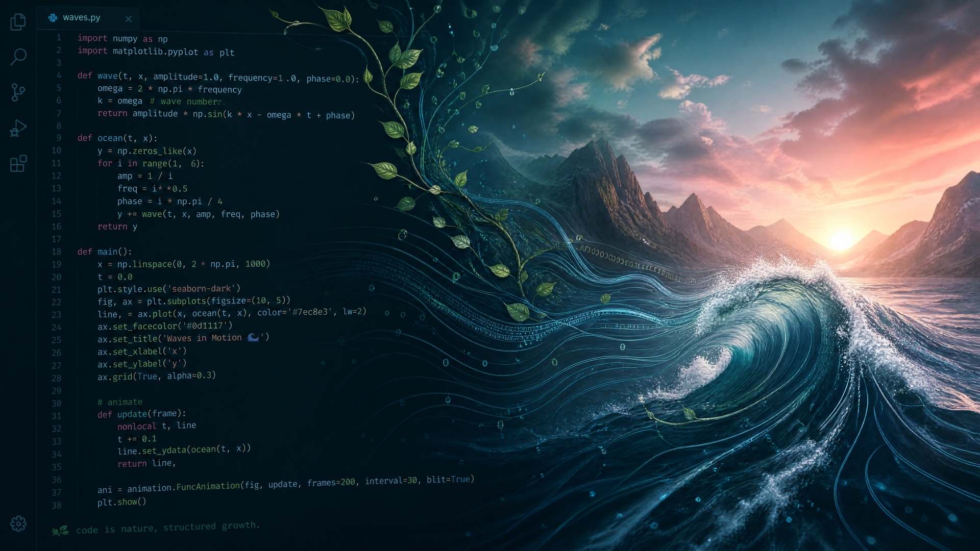 4K Ultra HD PC desktop wallpaper and background: glowing code on the left morphs into vines that flow into a stormy ocean wave beneath a sunset and distant mountains.