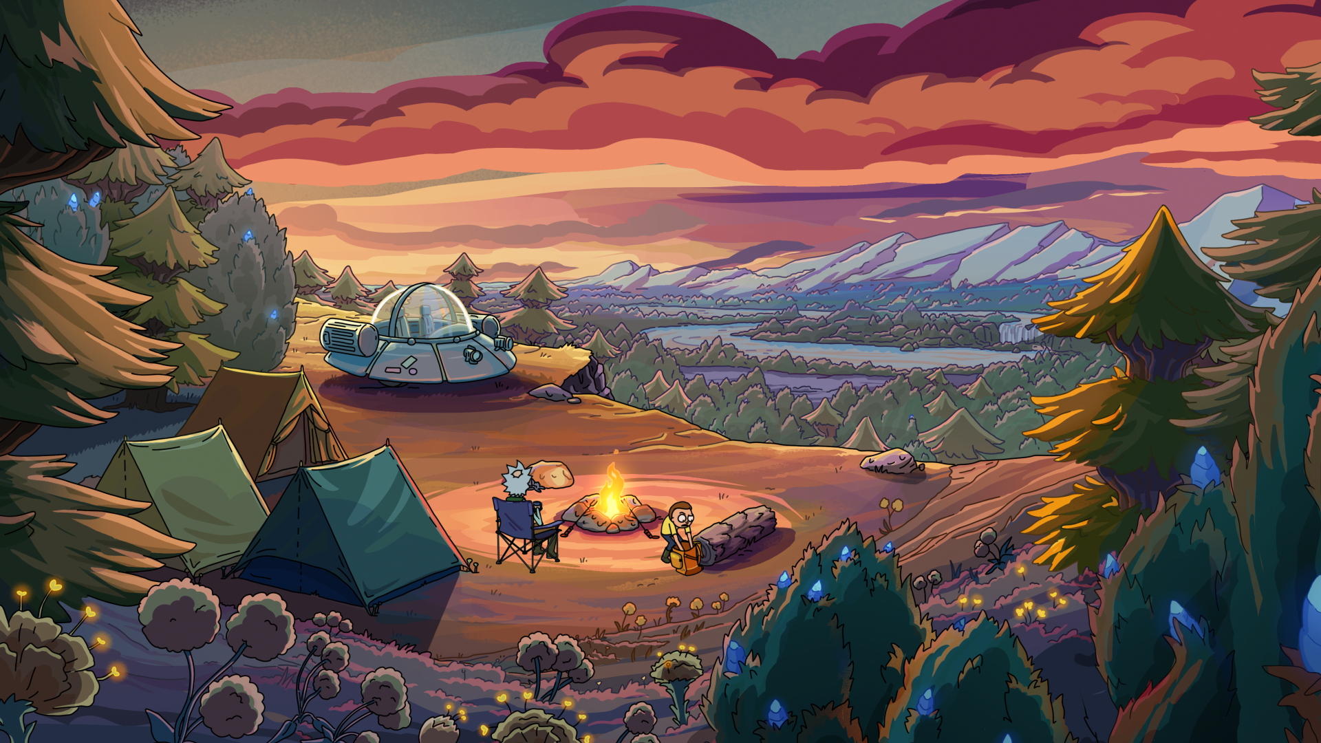 HD PC desktop wallpaper of Rick and Morty (TV show, Rick and Morty Season 9) camping by a campfire beside their spaceship at sunset over mountains.